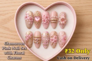 Glamorous Pink Nail Set with Floral Charms